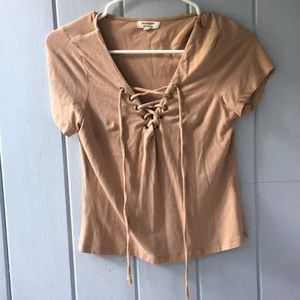Lace up nude crop top shirt tan tee